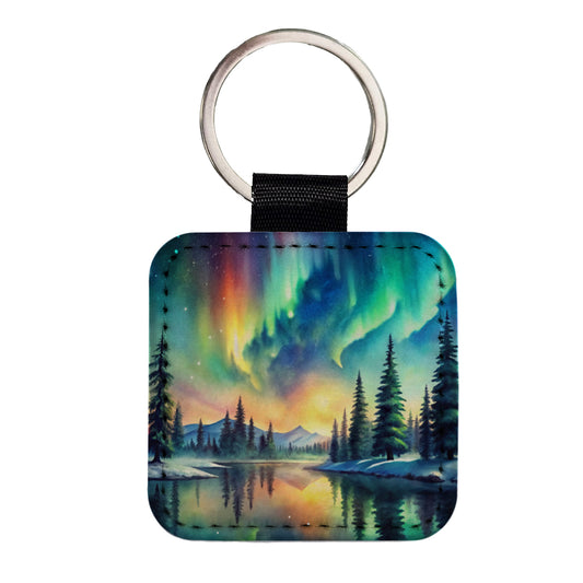 Northern Lights Watercolor Beautiful Square Faux Leather Keychain