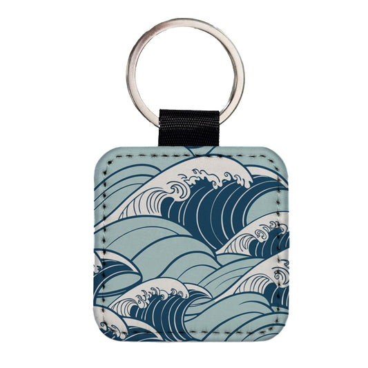 Ocean Waves Japanese Style Square Faux Leather Keychain