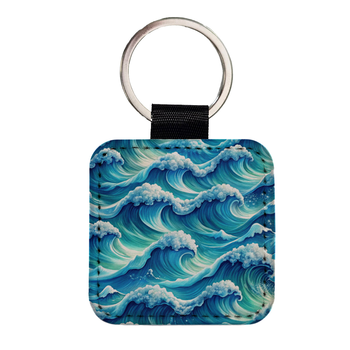Ocean Waves Painting Square Faux Leather Keychain