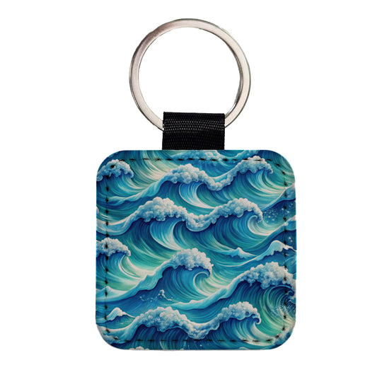 Ocean Waves Painting Square Faux Leather Keychain