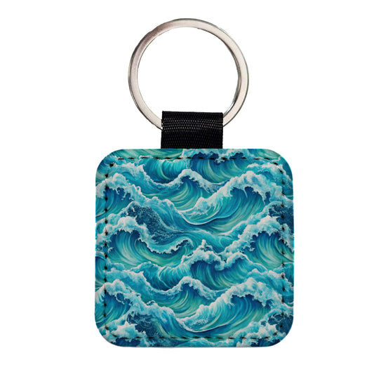 Ocean Waves Pattern Square Faux Leather Keychain