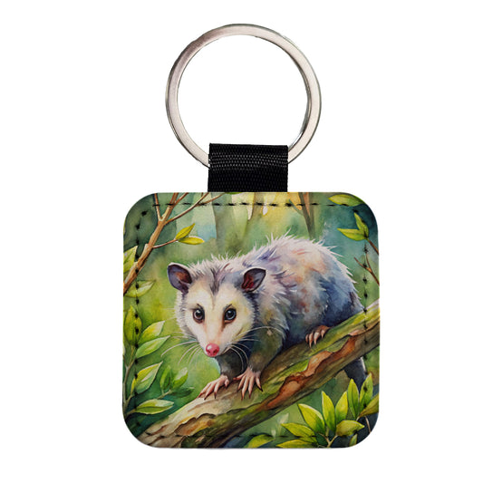 Opossum In The Forest Watercolor Square Faux Leather Keychain