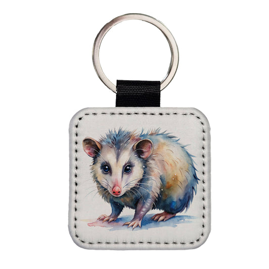 Opossum Watercolor Square Faux Leather Keychain