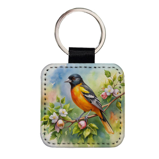 Oriole In Tree Bird Watercolor Square Faux Leather Keychain