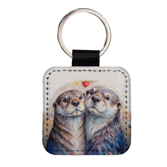 Otters In Love Heart Valentine's Day Square Faux Leather Keychain