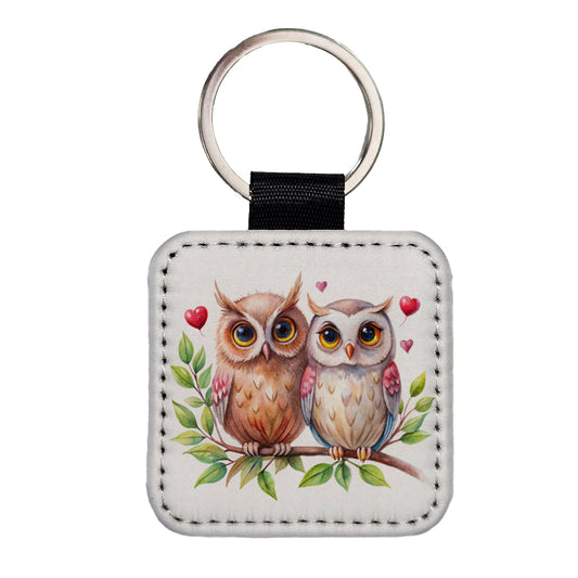 Owls In Love On Branch Hearts Valentine's Day Square Faux Leather Keychain
