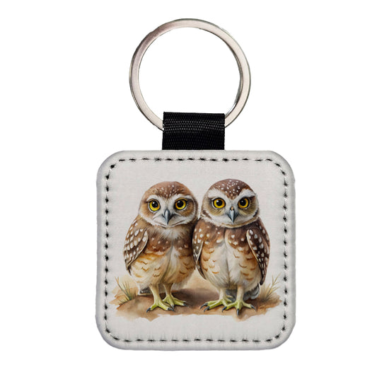 Pair Of Burrowing Owls Bird Watercolor Square Faux Leather Keychain