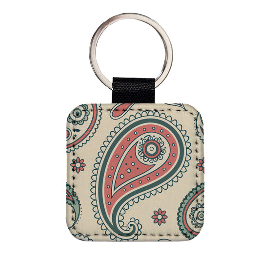 Paisley Pattern Square Faux Leather Keychain