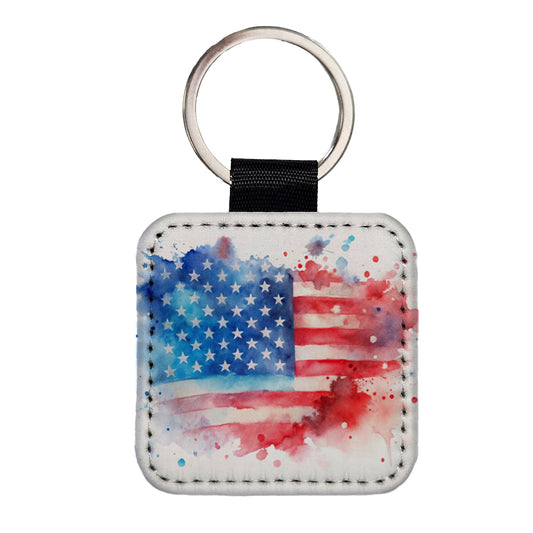Patriotic American Flag USA Watercolor Square Faux Leather Keychain