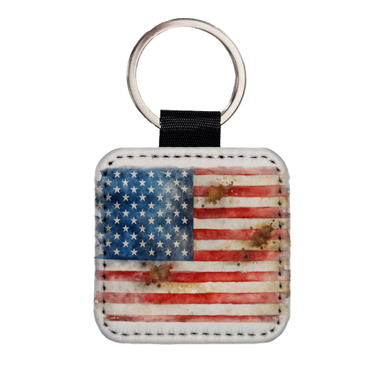 Patriotic Rustic Worn American Flag Watercolor Square Faux Leather Keychain