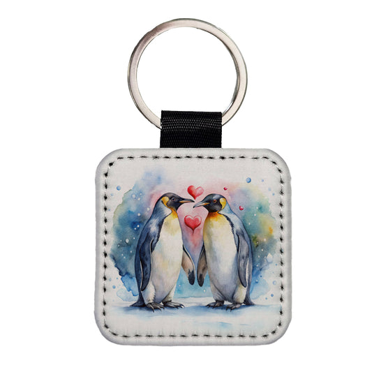 Penguins In Love Hearts Valentine's Day Square Faux Leather Keychain