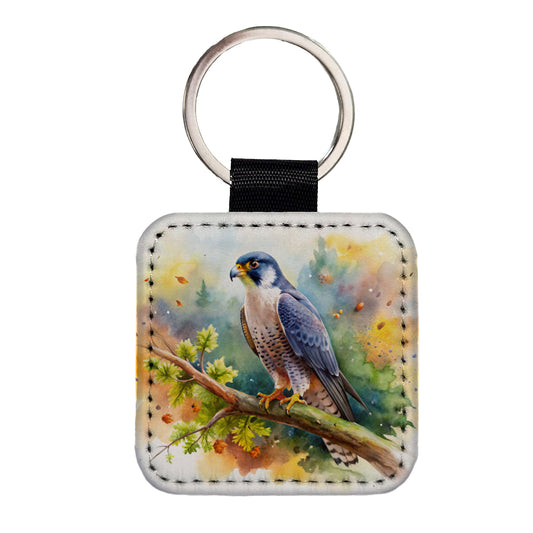 Peregrine Falcon Raptor Bird Of Prey In Tree Watercolor Square Faux Leather Keychain