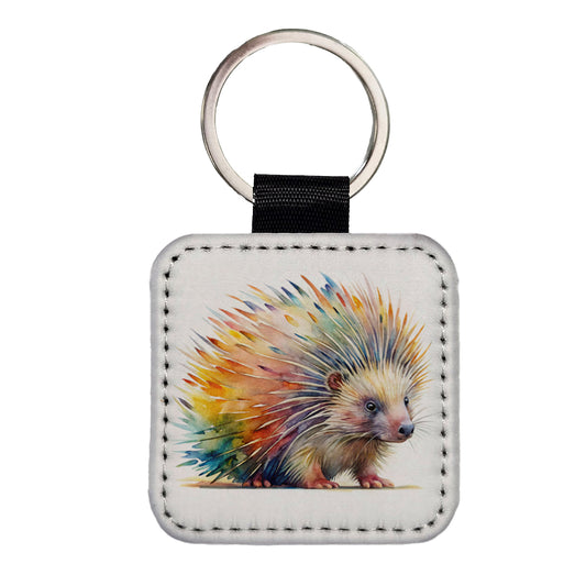 Porcupine Colorful Rainbow Watercolor Square Faux Leather Keychain