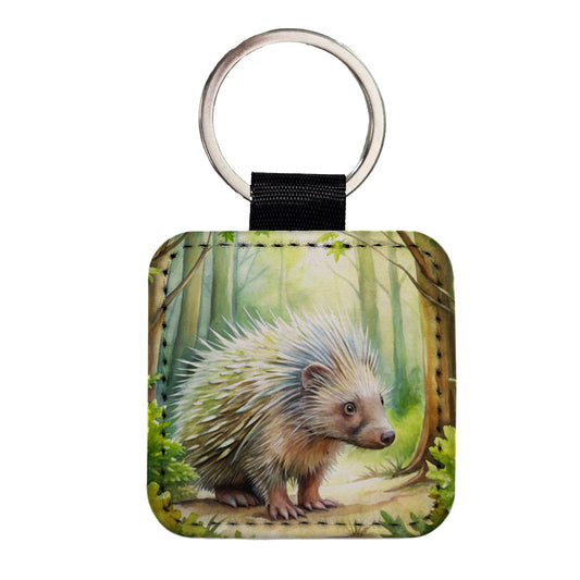 Porcupine In The Forest Watercolor Square Faux Leather Keychain