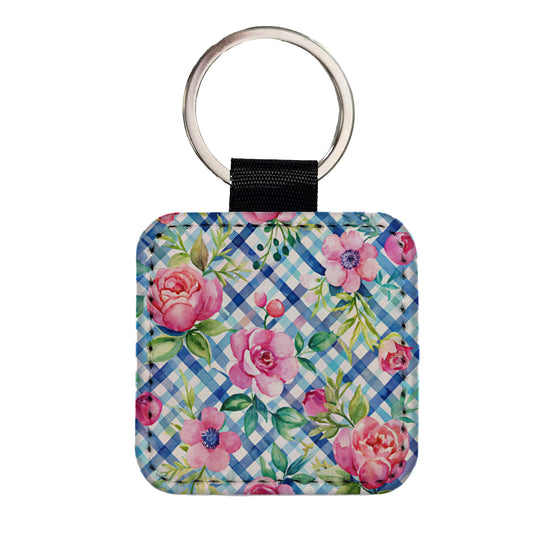 Preppy Pink Flowers Blue Gingham Plaid Square Faux Leather Keychain