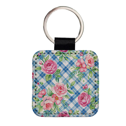 Pretty Pink Flowers Floral Blue Wallpaper Square Faux Leather Keychain