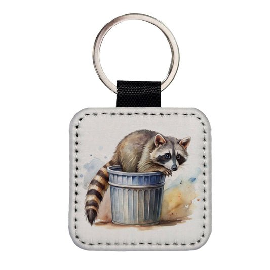 Raccoon In A Trash Can Panda Watercolor Square Faux Leather Keychain