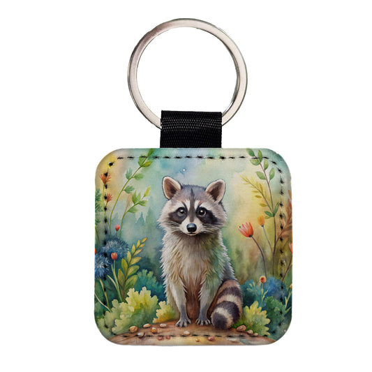 Raccoon In The Forest Watercolor Square Faux Leather Keychain