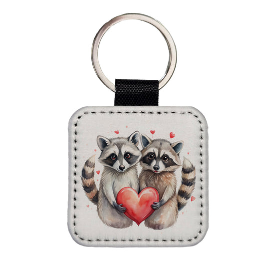 Raccoons In Love With Hearts Valentine's Day Square Faux Leather Keychain