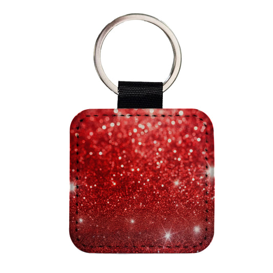 Red Faux Glitter Square Faux Leather Keychain