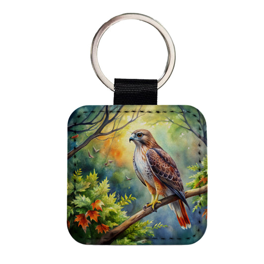 Red-tailed Hawk Raptor Bird Of Prey In Tree Watercolor Square Faux Leather Keychain