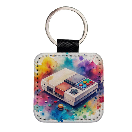 Retro Arcade Console System Watercolor Square Faux Leather Keychain