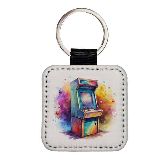 Retro Stand-up Arcade System Watercolor Square Faux Leather Keychain