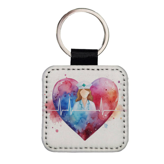 RN Nurse Life Pulse Heart Beat Watercolor Square Faux Leather Keychain