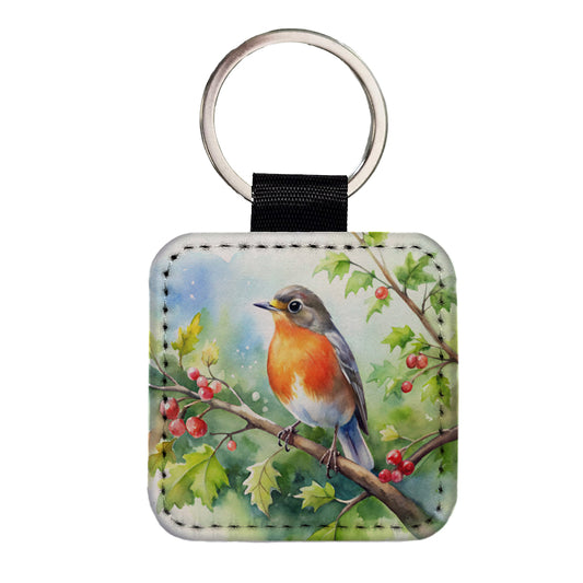 Robin In Tree Bird Watercolor Square Faux Leather Keychain