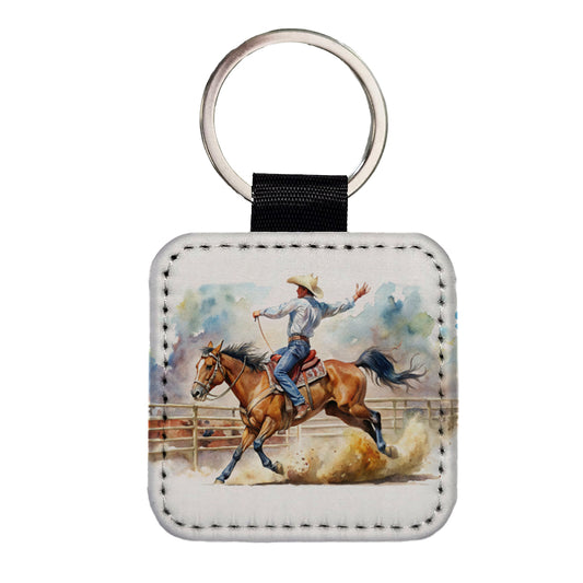 Rodeo Cowboy Horse Country Square Faux Leather Keychain