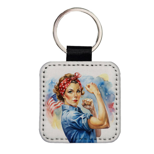 Rosie The Riveter Patriotic Watercolor Square Faux Leather Keychain