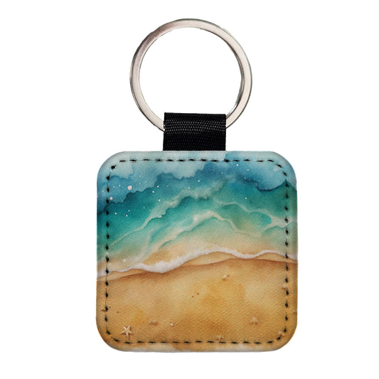 Sandy Tranquil Ocean Beach Square Faux Leather Keychain