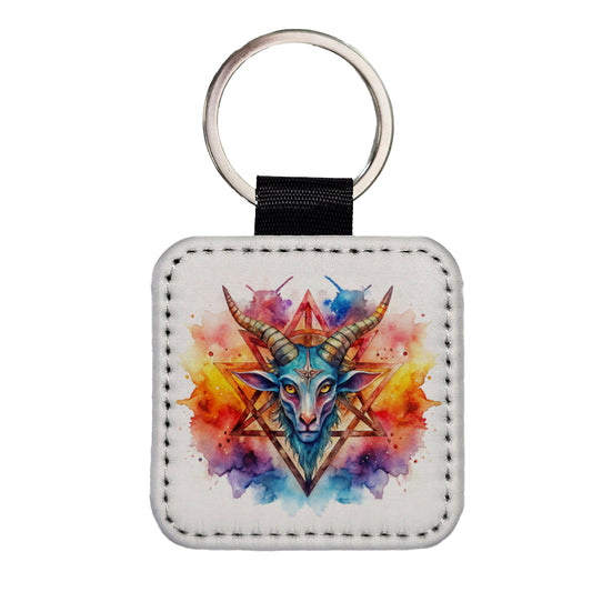 Satanic Pagan Goat Horns Pentagram Symbol Watercolor Square Faux Leather Keychain