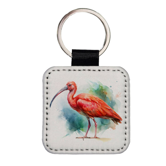 Scarlet Ibis Bird Watercolor Square Faux Leather Keychain
