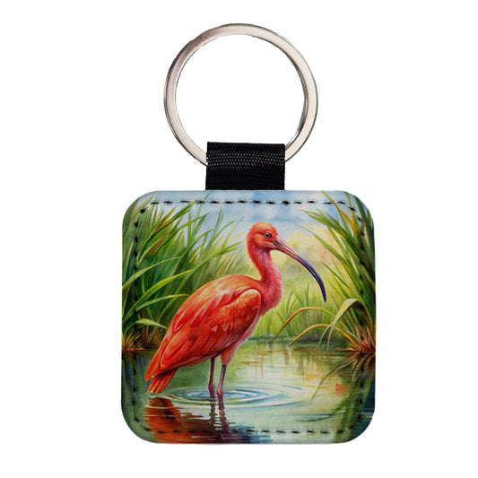 Scarlet Ibis In Marsh Bird Watercolor Square Faux Leather Keychain