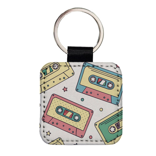 Scattered Cassette Tapes Square Faux Leather Keychain