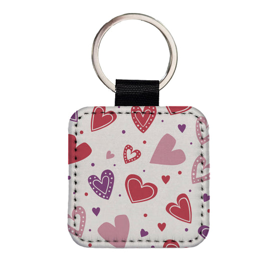Scattered Hearts Bright Red Pink Purple Love Square Faux Leather Keychain