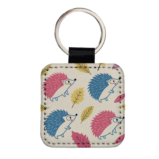 Scattered Hedgehogs Pink Blue Square Faux Leather Keychain