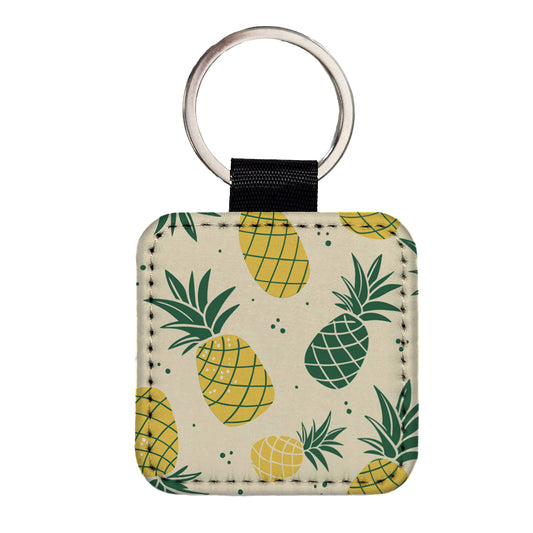 Scattered Tropical Pineapples Square Faux Leather Keychain