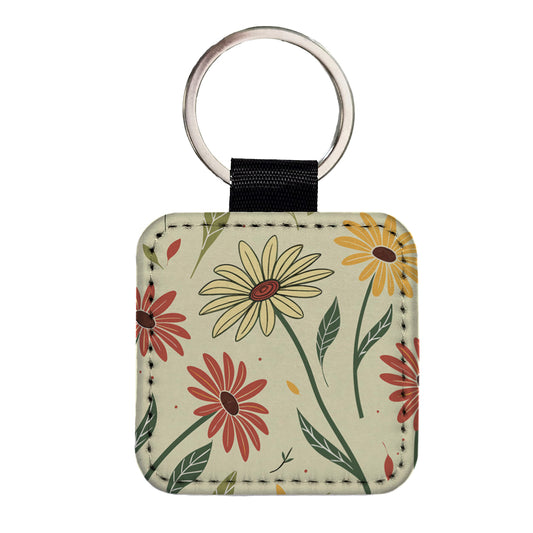 Scattered Sunflowers Sketch Square Faux Leather Keychain