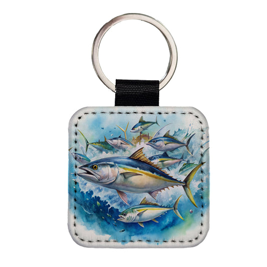 School Of Tuna Deep Sea Sport Fishing Watercolor Square Faux Leather Keychain