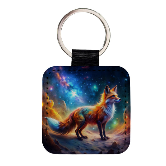 Sci-fi Fantasy Fox In Space Nebula Background Square Faux Leather Keychain
