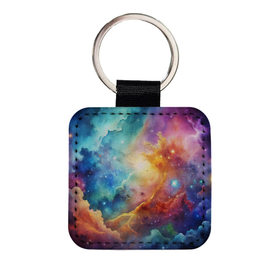 Sci-fi Fantasy Space Nebula Rainbow Watercolor Square Faux Leather Keychain