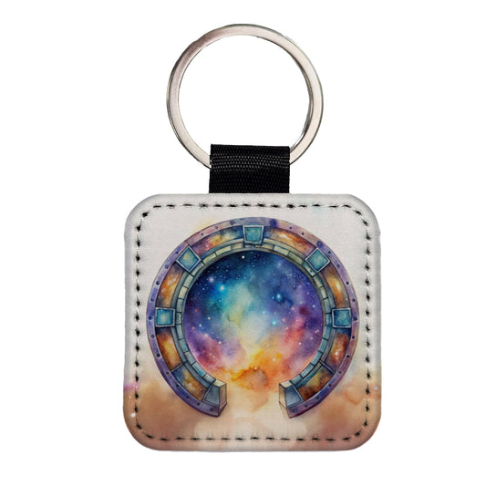 Sci-fi Gate Portal To The Stars Galaxies Watercolor Square Faux Leather Keychain