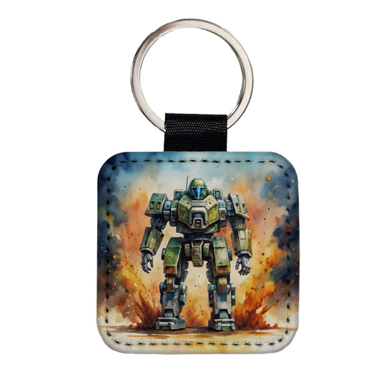 Sci-fi Giant Robot Warrior Mech Watercolor Square Faux Leather Keychain