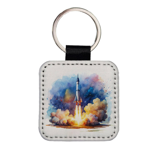 Sci-fi Missile Rocket Launch Watercolor Square Faux Leather Keychain