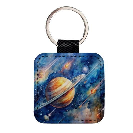 Sci-fi Planet Saturn Meteor Shower Square Faux Leather Keychain