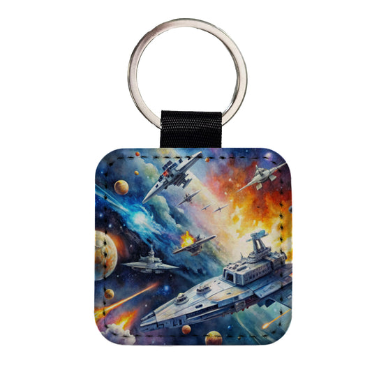 Sci-fi Space Battle Watercolor Square Faux Leather Keychain