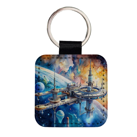 Sci-fi Space Station In Orbit Watercolor Square Faux Leather Keychain