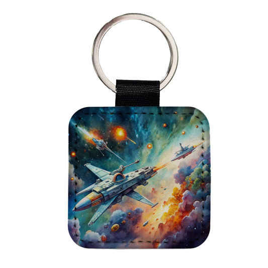 Sci-fi Spaceships Fighting In Space Watercolor Square Faux Leather Keychain